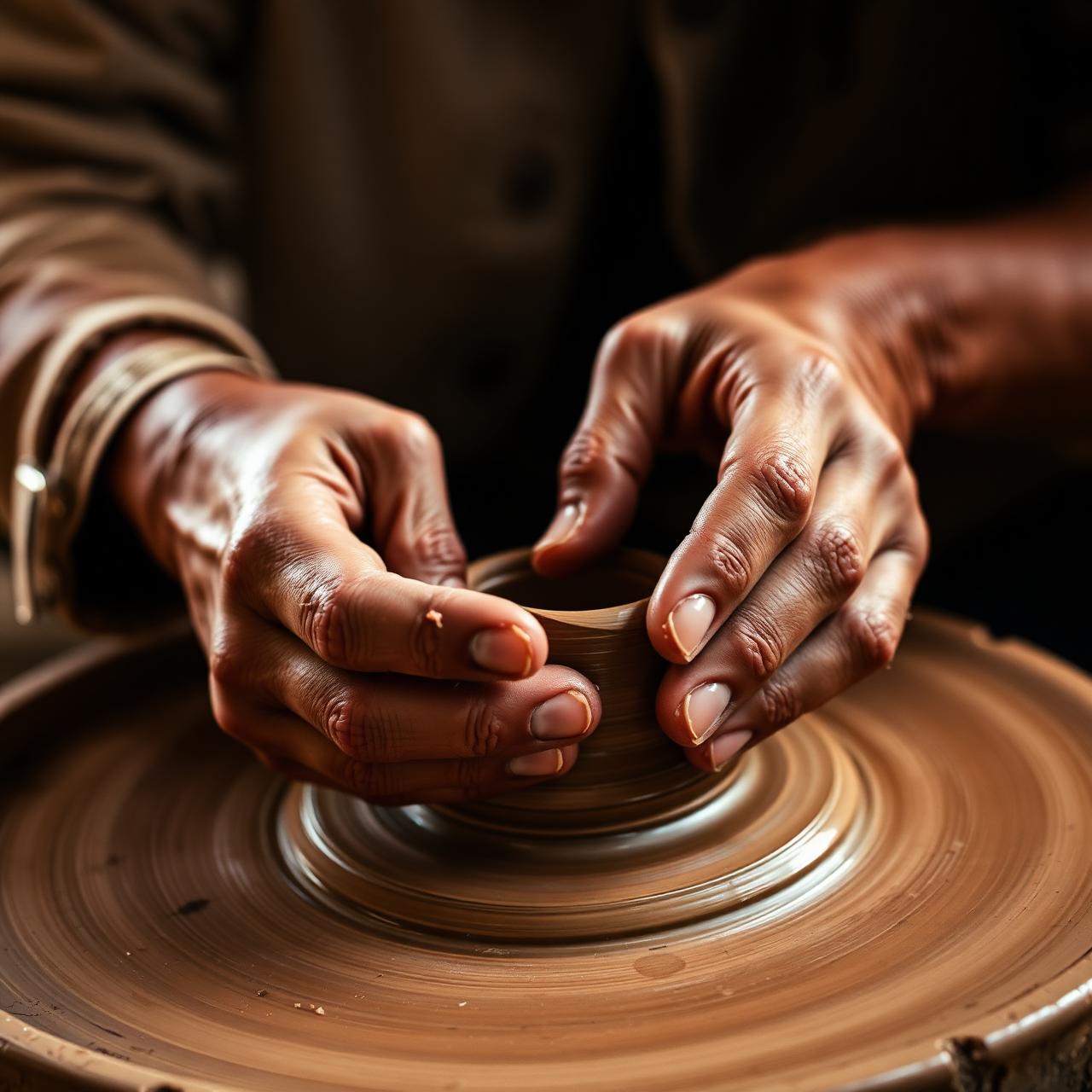 Artisan shaping clay on a pottery wheel